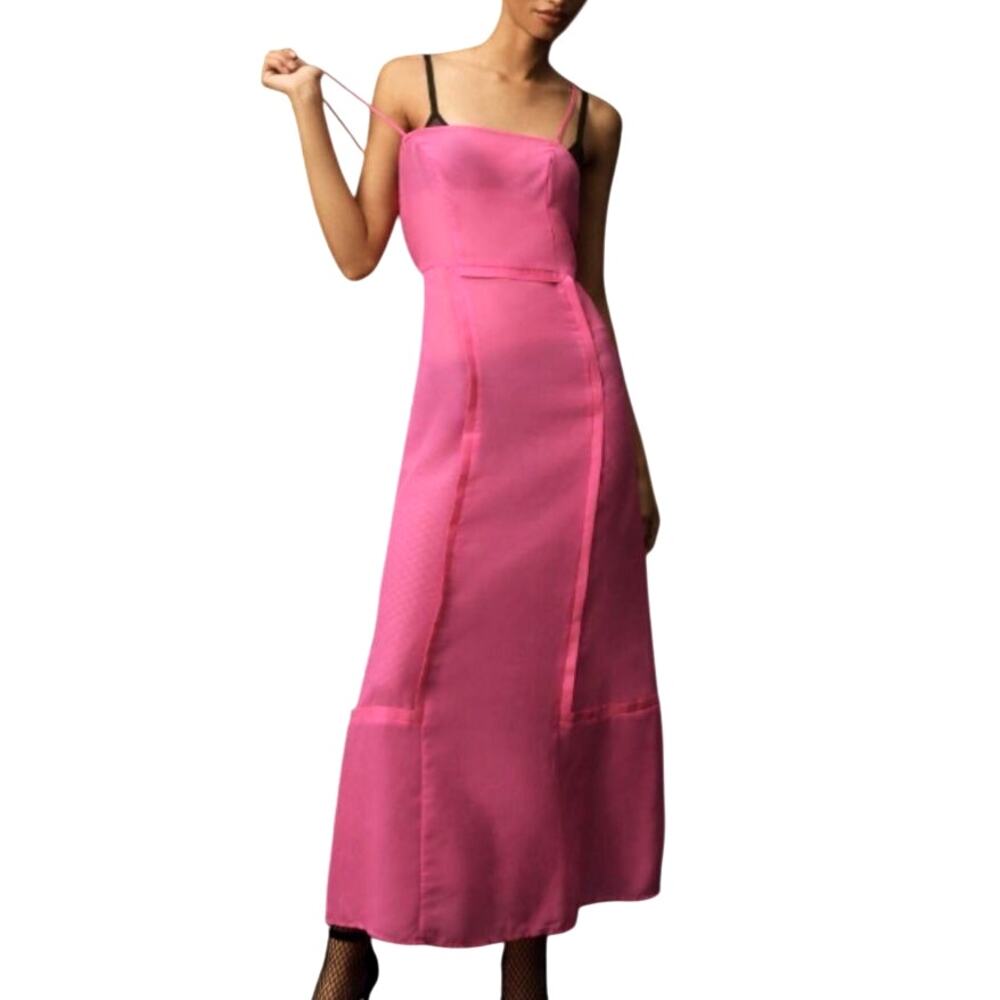 Anthropologie NWT Sheer Hot Pink Rose Paneled Spaghetti Strap Midi Slip Dress